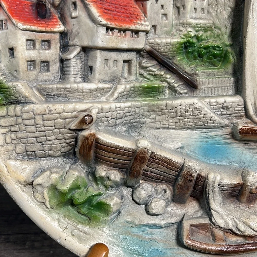 Vintage 3D Chalkware Nautical Village Wall Art Red Blue - Picture 3 of 3